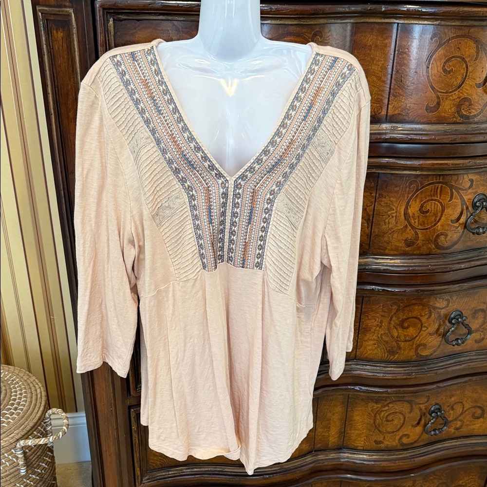 Coldwater Creek Embroidered V-Neck Blouse in Peach